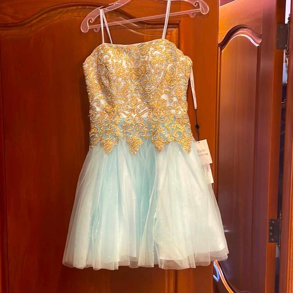 Jovani blue and gold short rhinestone bead dress